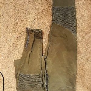 Olive green moto biker skinny jeans